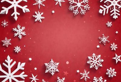 The primary subject of the image is a red background with white snowflakes scattered across it. The setting is a winter scene, and the visual style appears to be a combination of photo and digital art. The dominant colors are red and white, creating a warm and festive atmosphere.